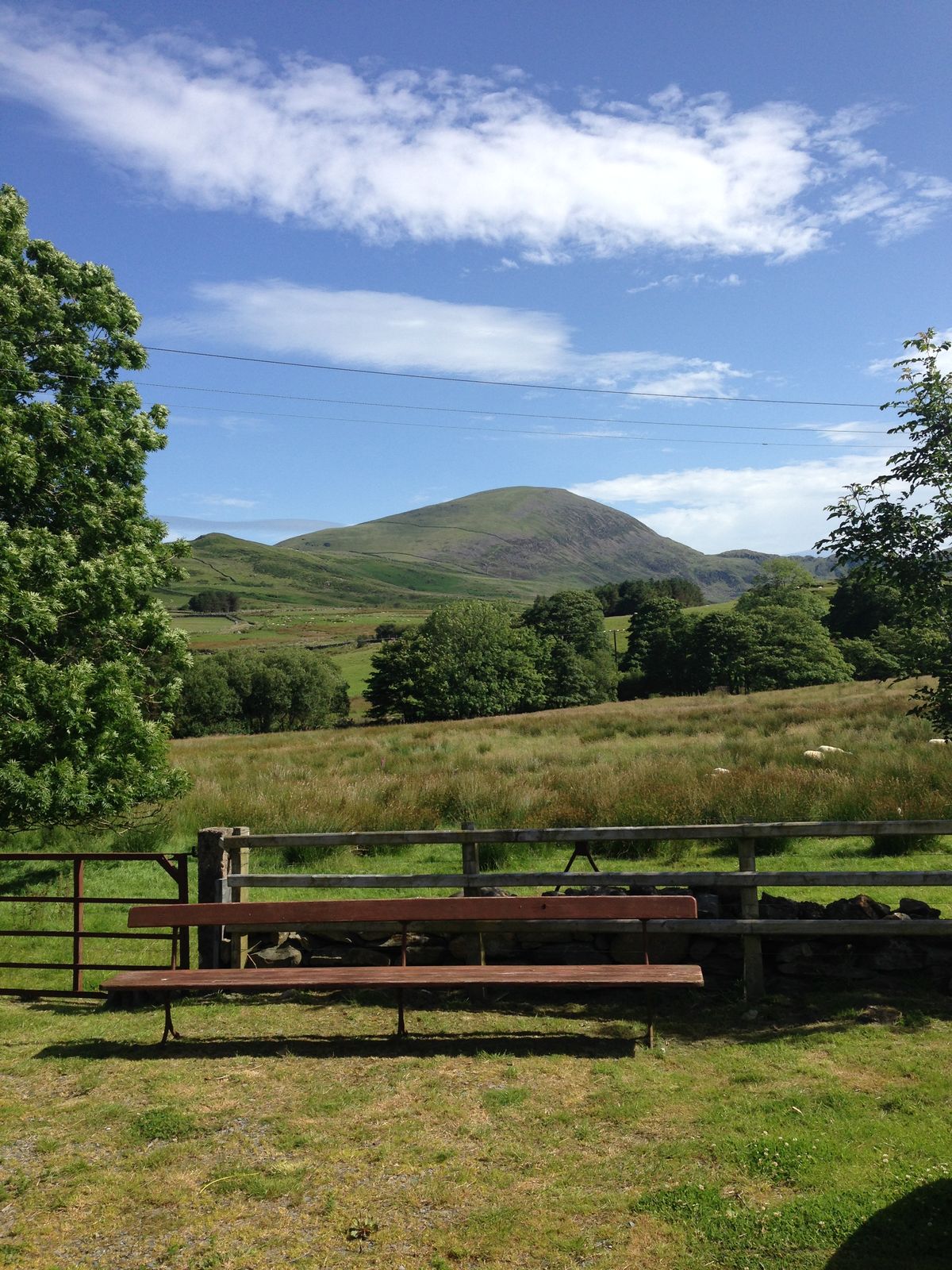 A bench by the gate looking out over the fields towards the mountains
