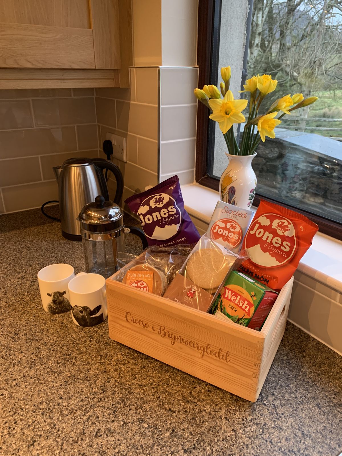 Welcome hamper of Welsh produce waiting in the kitchen